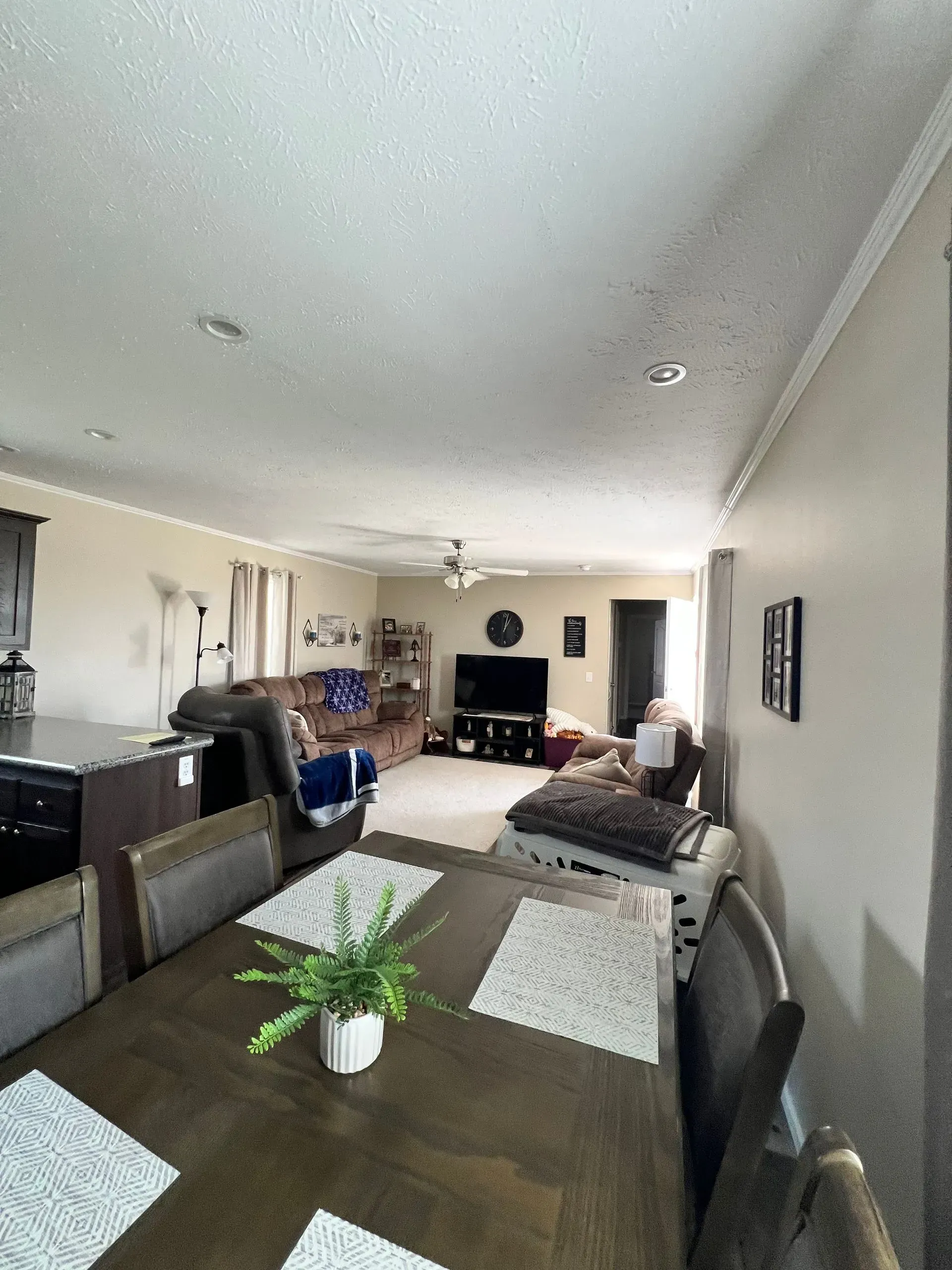 Open-plan living space with a dining table in the foreground. Features living area, TV, and neutral colors.