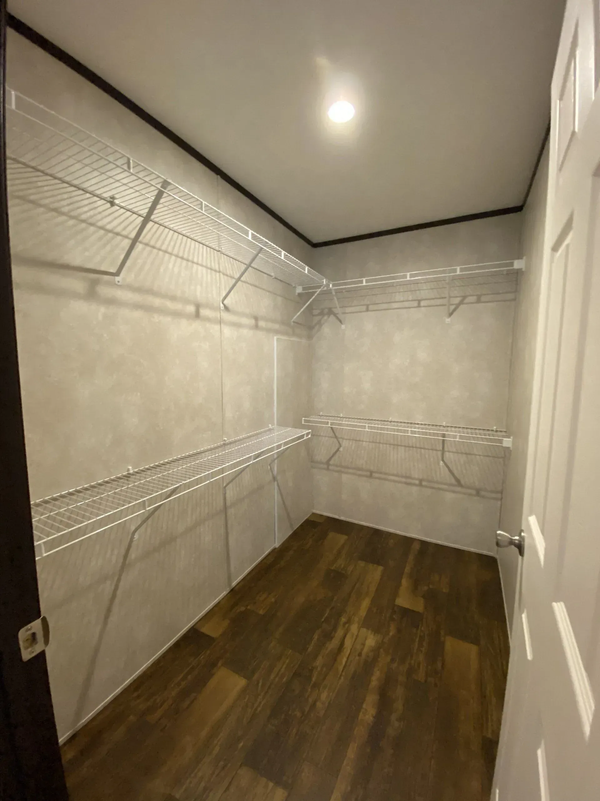 Empty walk-in closet with wire shelving and dark wood-look flooring. White door on right side.