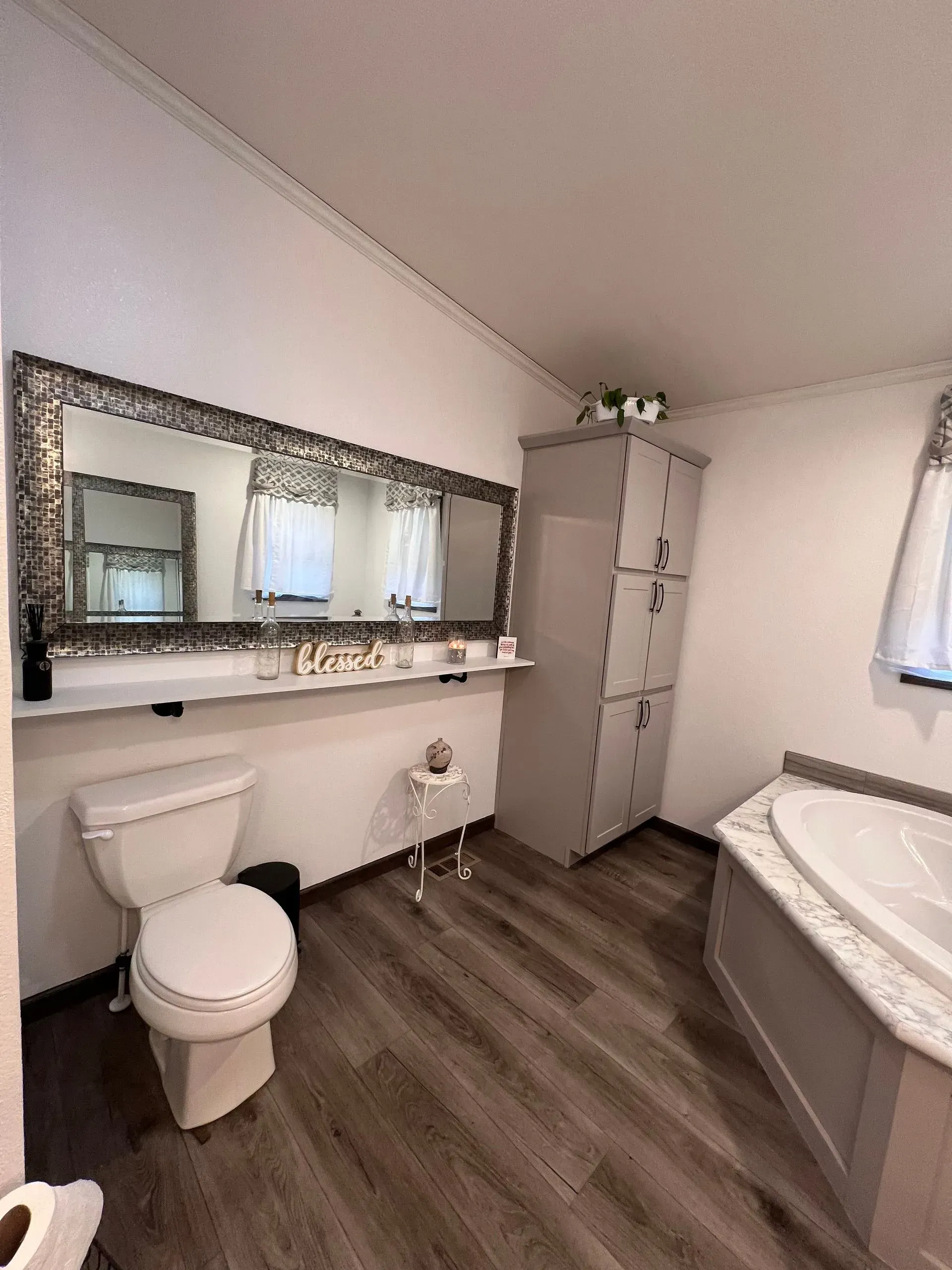 Bathroom with toilet, vanity mirror, storage cabinet, and tub. Gray and white color scheme.