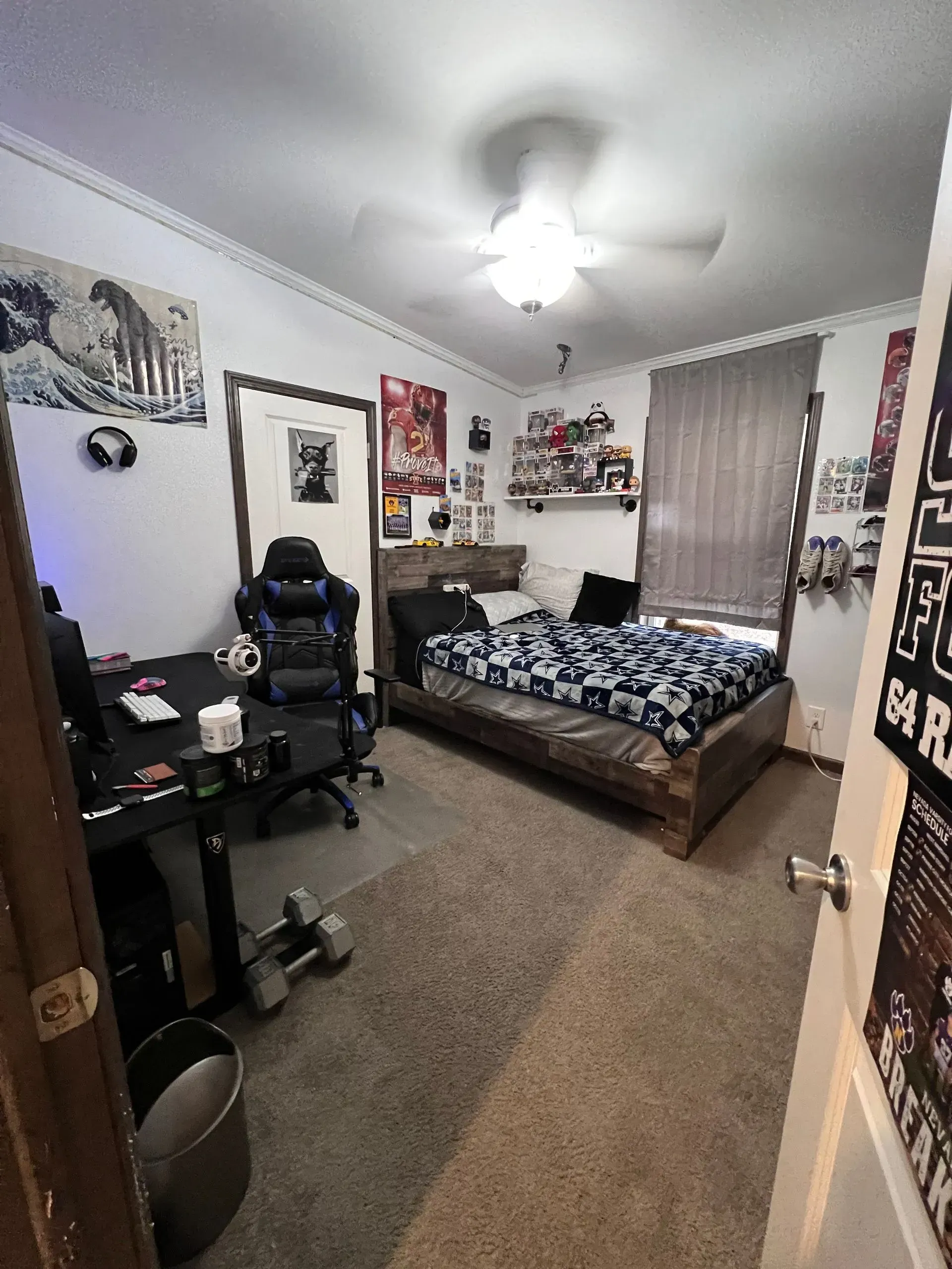 Bedroom with bed, desk, and decorations. Dark wood bed frame, various posters, and a ceiling fan.