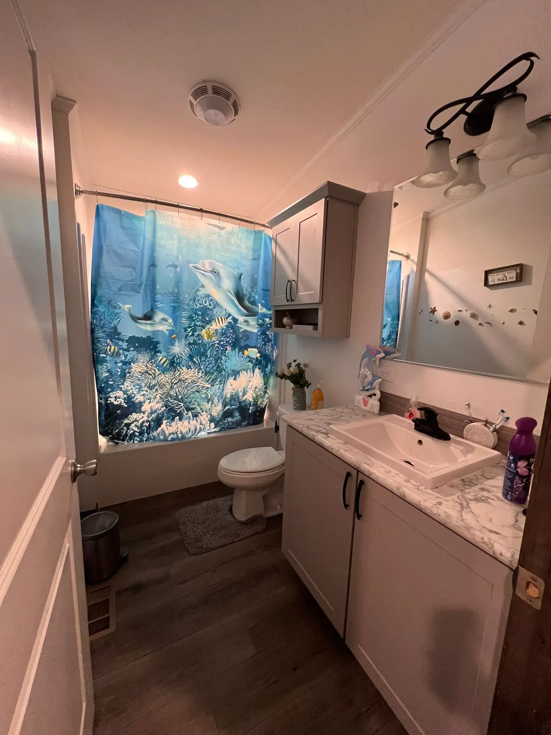 Bathroom with a blue shower curtain, vanity with a sink, and cabinets.