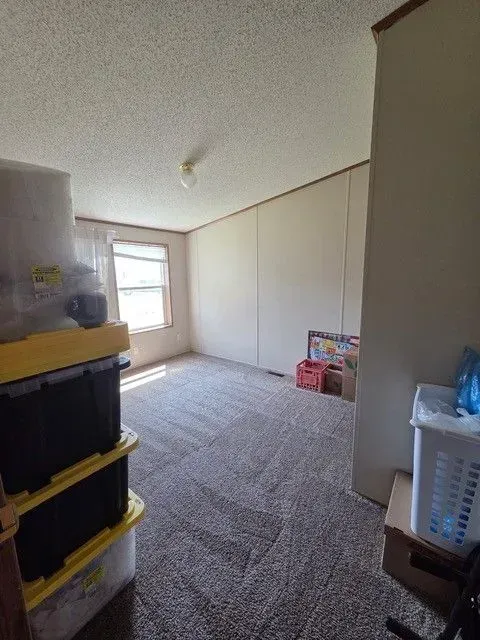 Empty room with beige walls, patterned carpet, window, and storage bins.