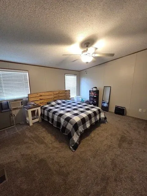 Bedroom with bed covered in black and white checkered blanket. Brown carpet, wooden headboard, and blinds.