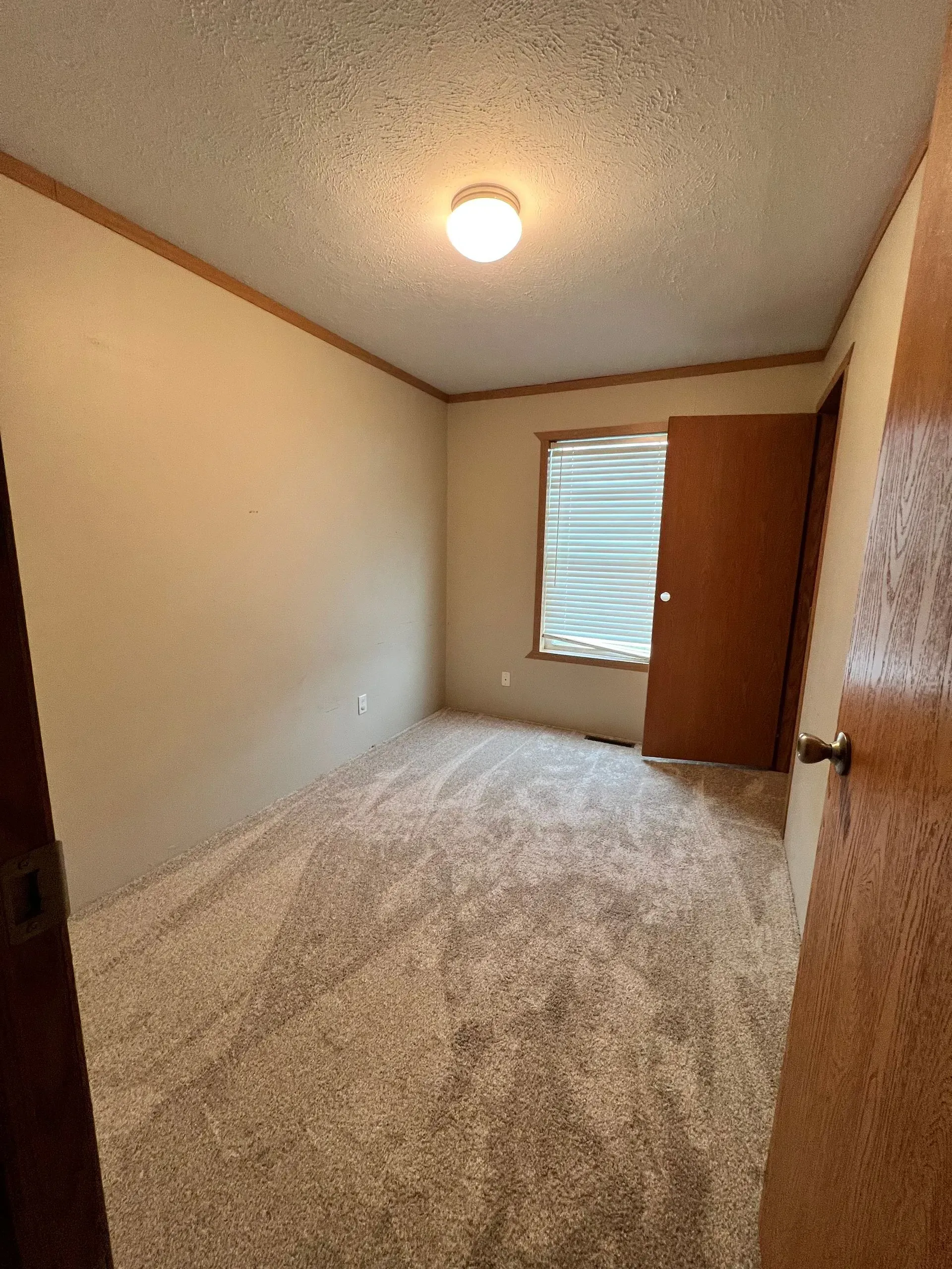 Empty room with beige walls, brown door, and tan carpet. Window with blinds.