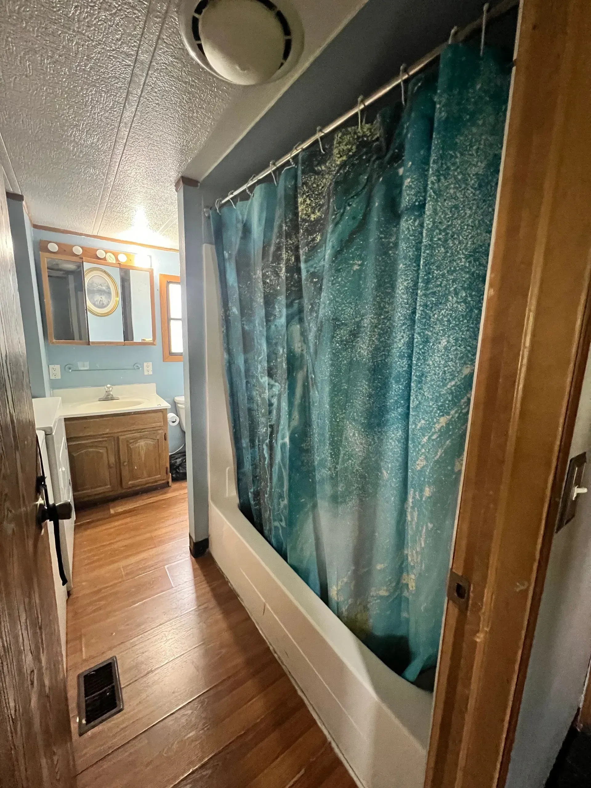 Bathroom interior: shower with blue curtain, sink, wood floor, and wood cabinet.