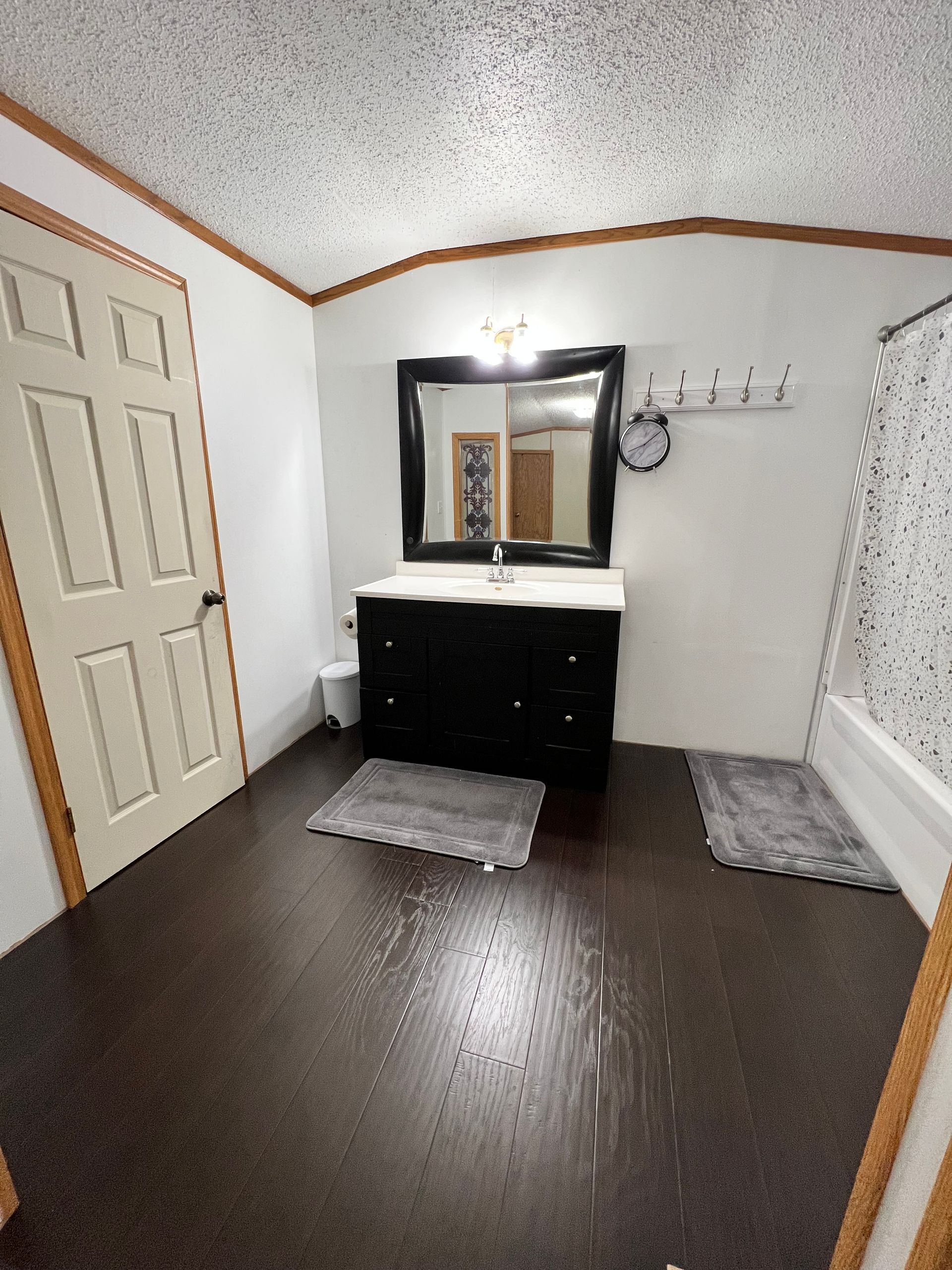 Bathroom with dark wood-look floor, black vanity, large mirror, and shower. Door on the left.