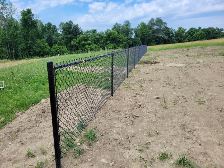 Black chain-link fence bordering dirt and grass, trees in the background, under a blue sky.