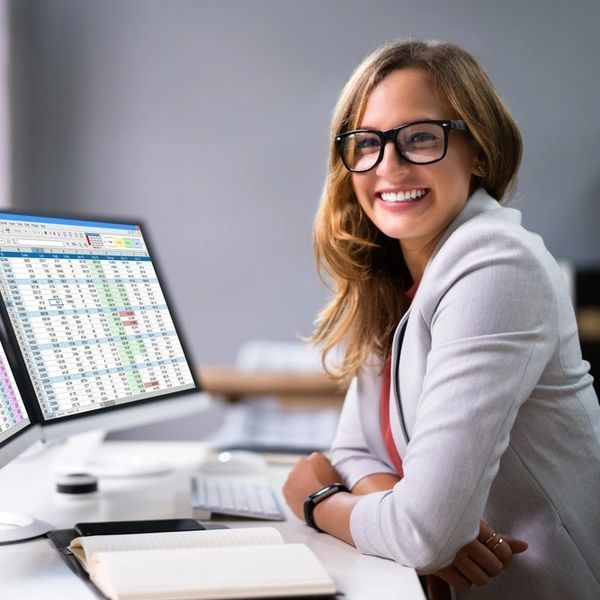 A woman wearing glasses is sitting in front of a computer