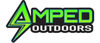 The Amped Outdoors logo features a neon green lightning-bolt-shaped letter A next to the text 'AMPED OUTDOORS' in bold.