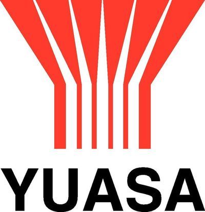 Yuasa logo: Red abstract design with vertical lines above the word 