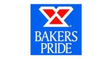 The logo for bakers pride is blue and white with a red triangle.