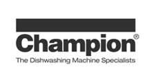 The champion dishwasher machine specialists logo is black and white.