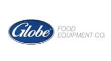 The logo for globe food equipment co. is blue and white.