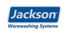 The logo for jackson warewashing systems is blue and white.