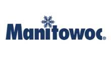 The logo for manitowac is blue with a snowflake on it.