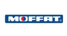A blue and white logo for moffat on a white background.