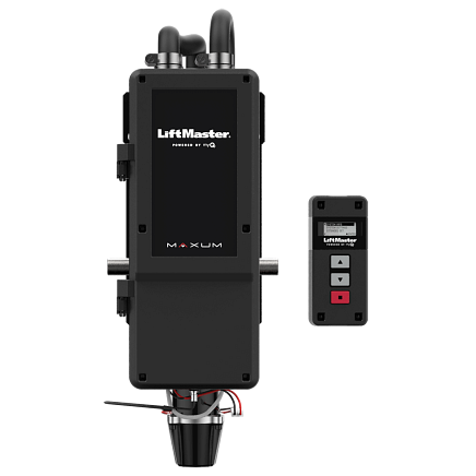 LiftMaster garage door opener unit with handheld remote on white background