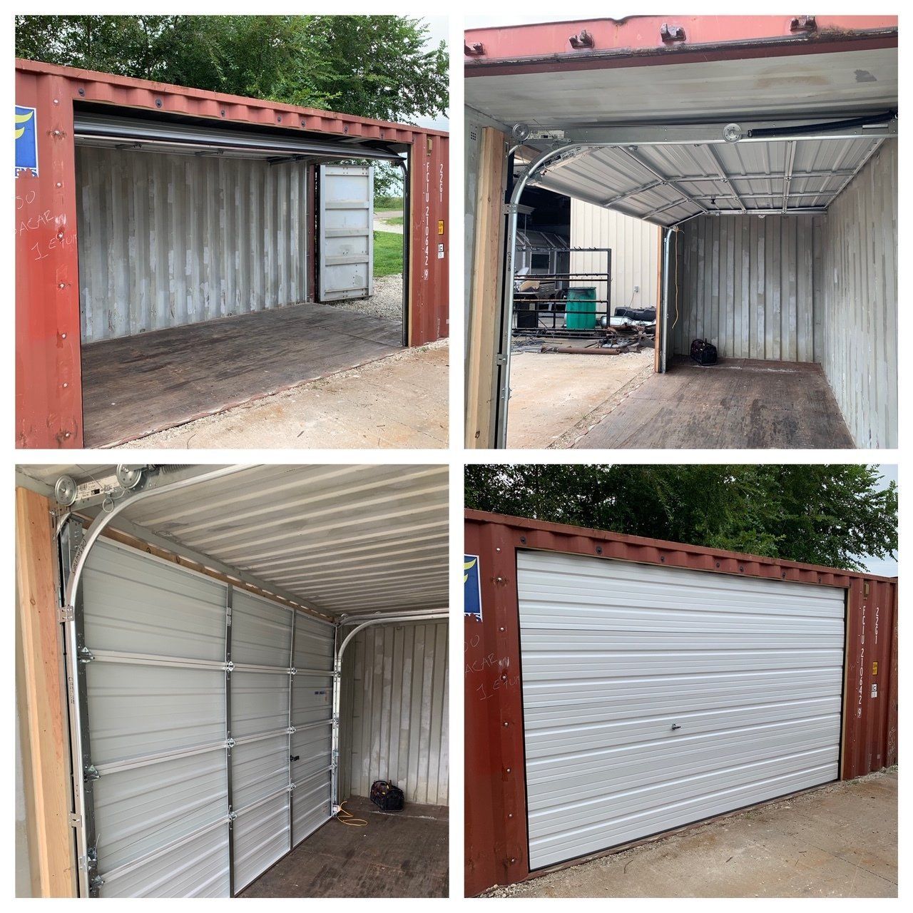 A collage of four pictures of a garage made out of a shipping container
