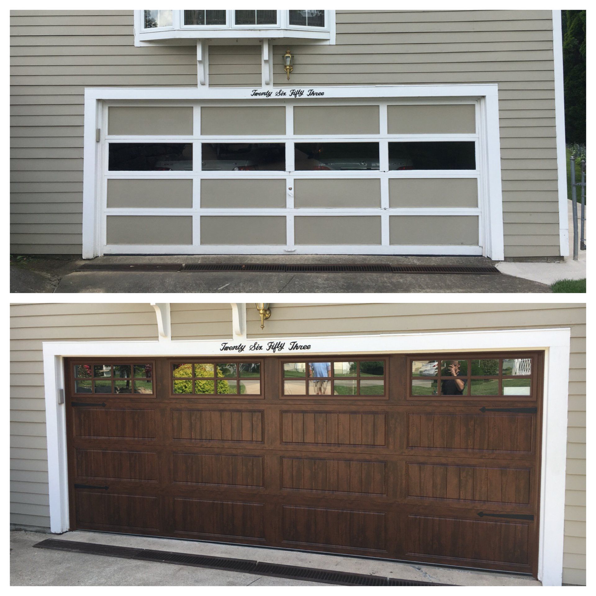 A before and after picture of a garage door