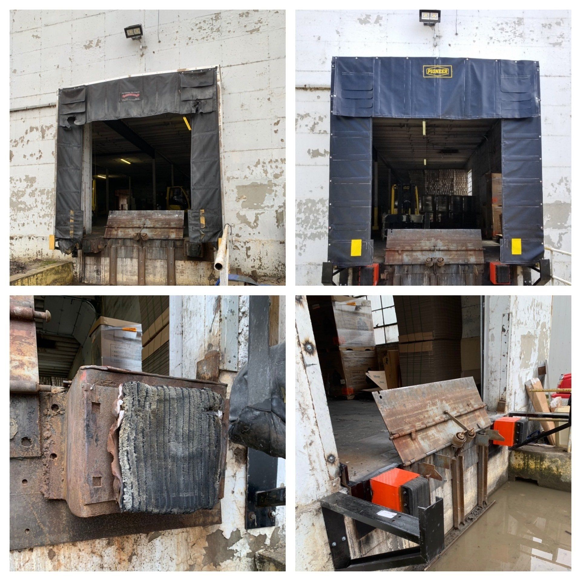 A collage of four pictures of a loading dock