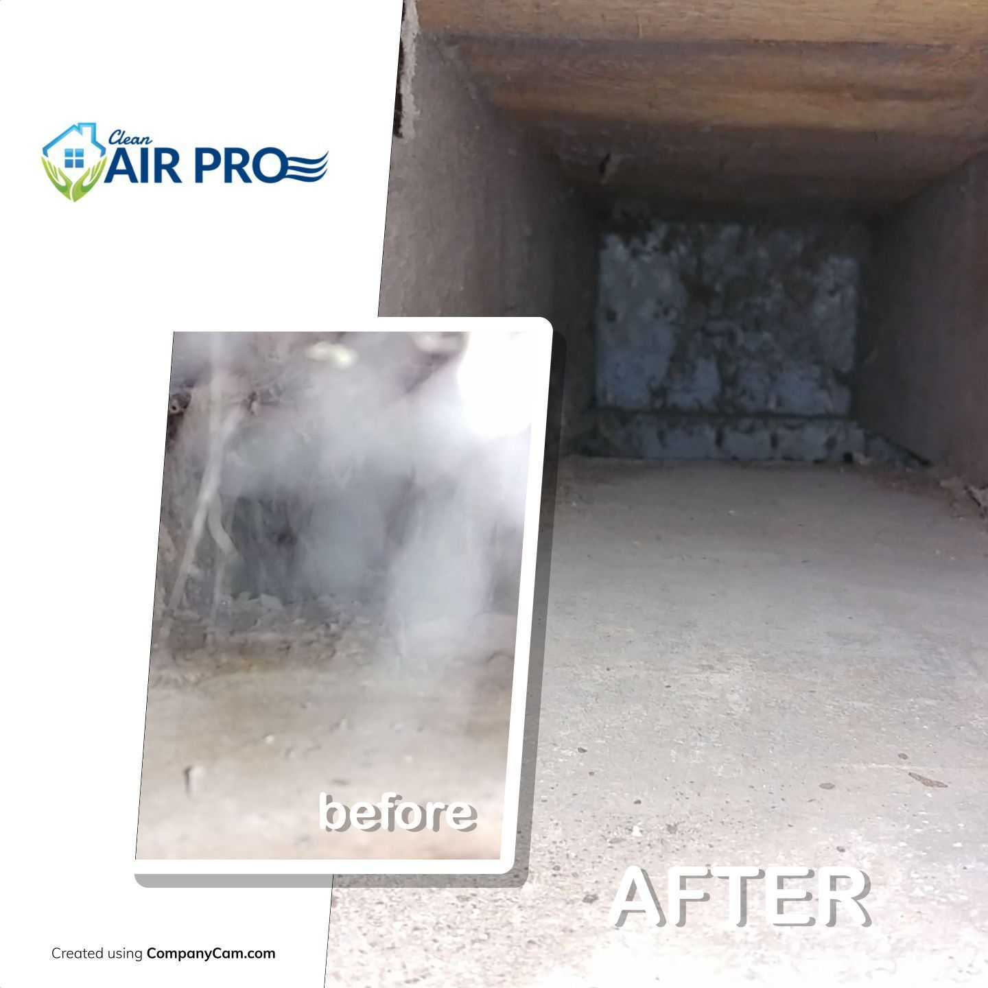 Comparison of air duct interior before and after cleaning; dirty vs. clean.