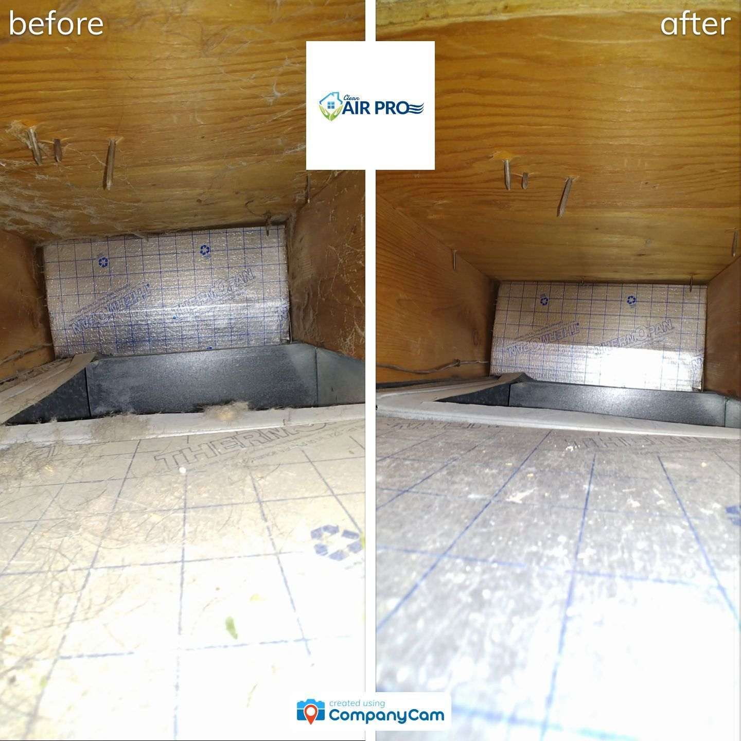 Before and after air duct cleaning. Dirty ductwork on the left, clean on the right. Both shots show a rectangular opening.