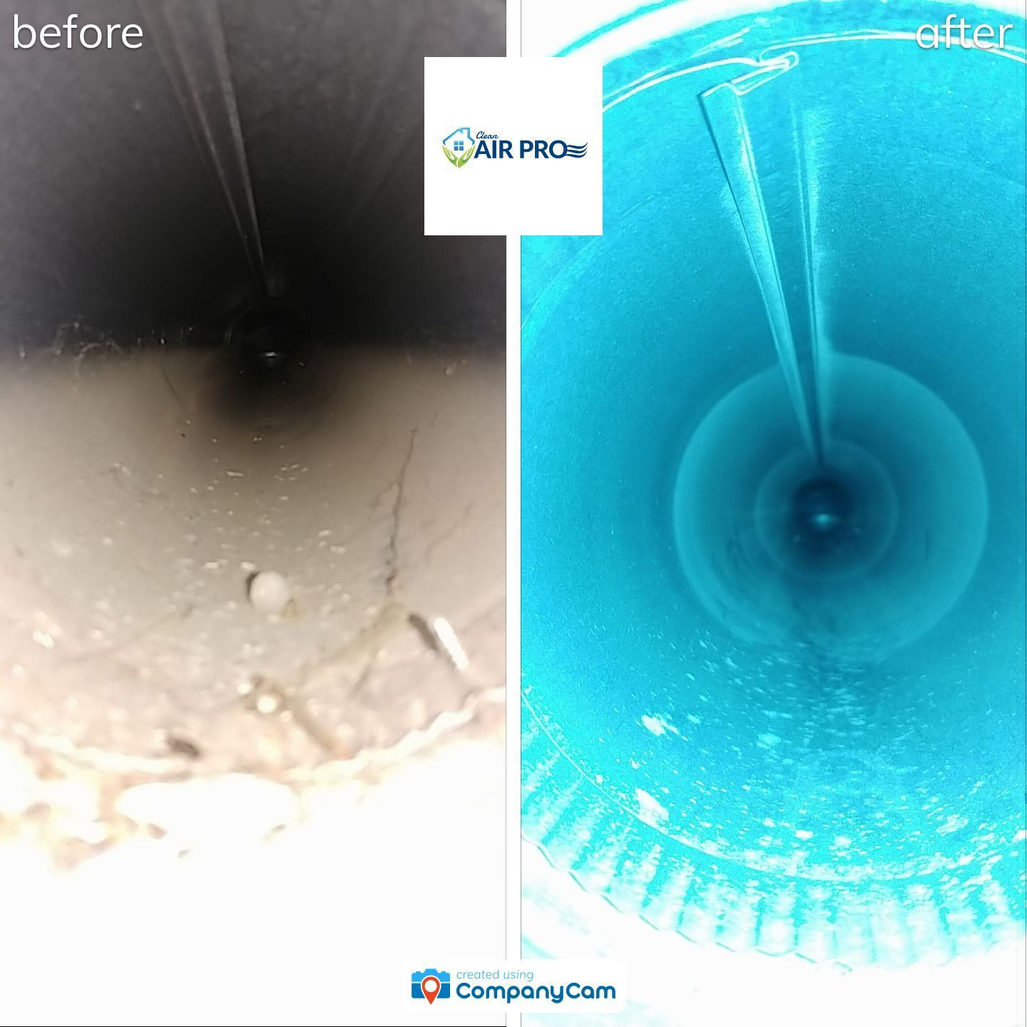 Before and after views of a duct, showing removal of dust/debris; before image is dark, after is clean and blue.