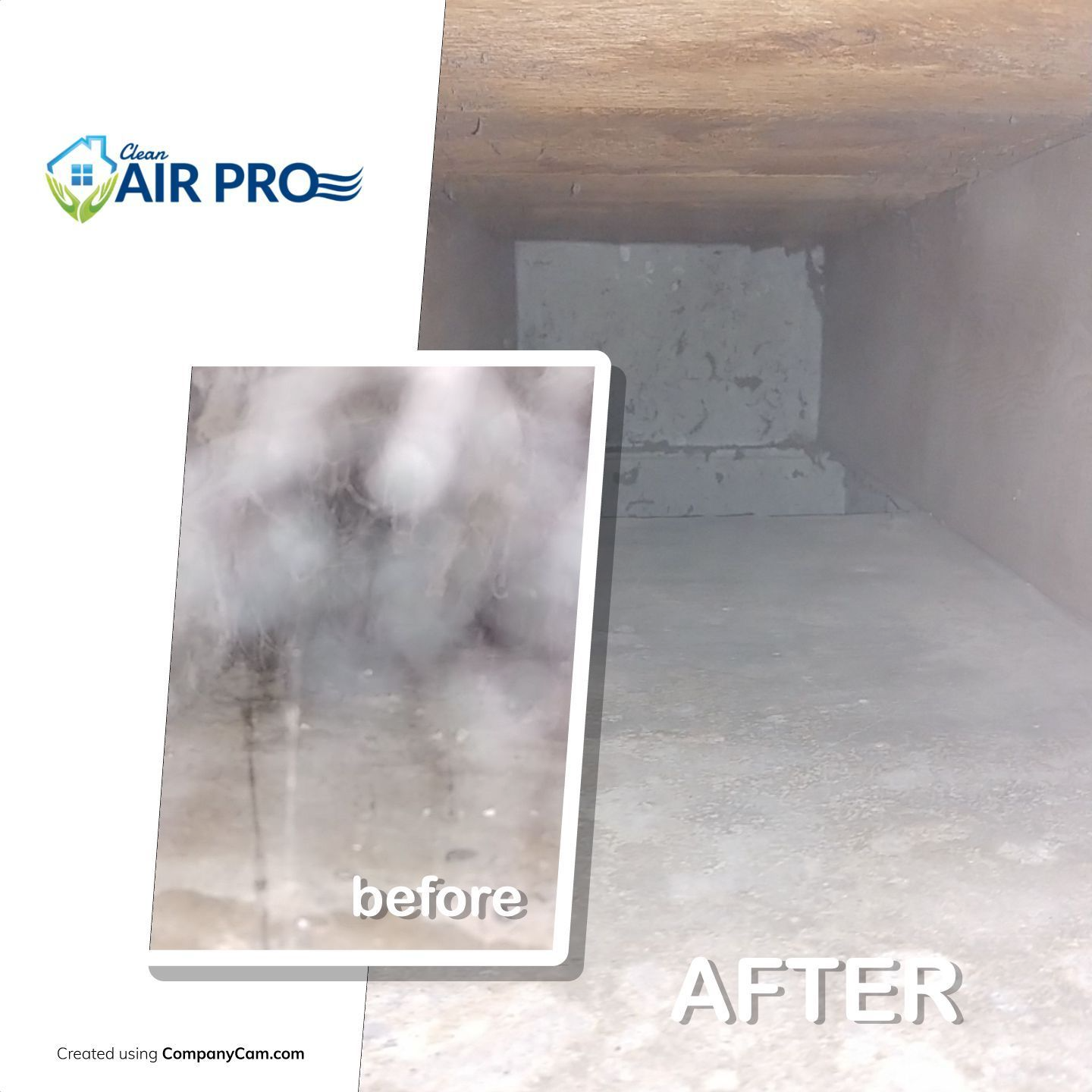 Before and after of a cleaned air duct, showing removal of dirt and debris.