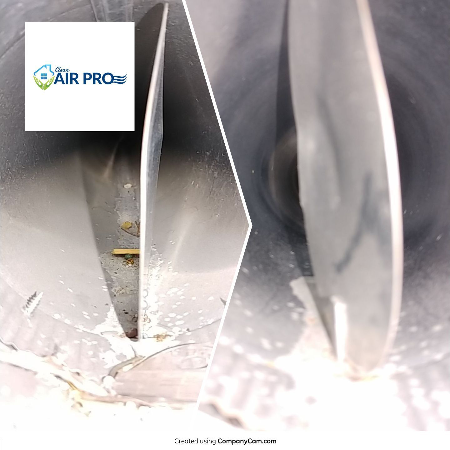 Two views inside a round metal duct with a vertical vane. White debris and marks are visible.