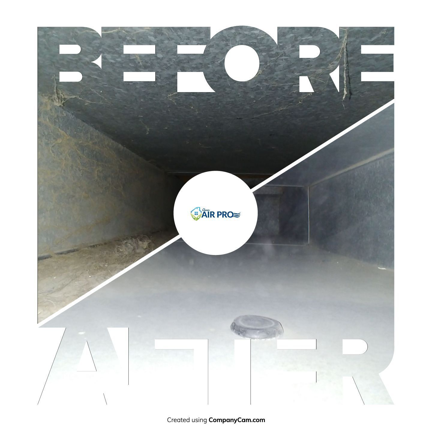 Air duct before and after cleaning: one side dirty, other clean.