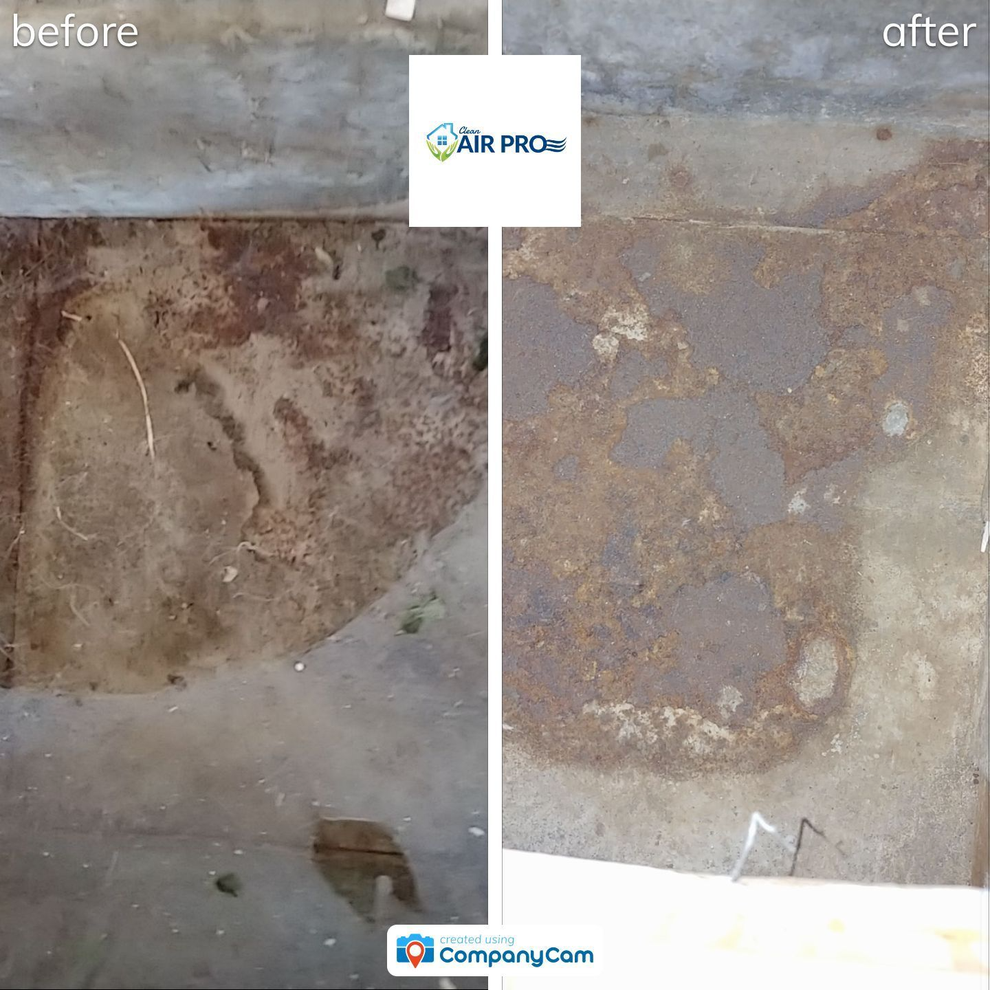 Side-by-side view shows concrete floor stains before and after cleaning. The 