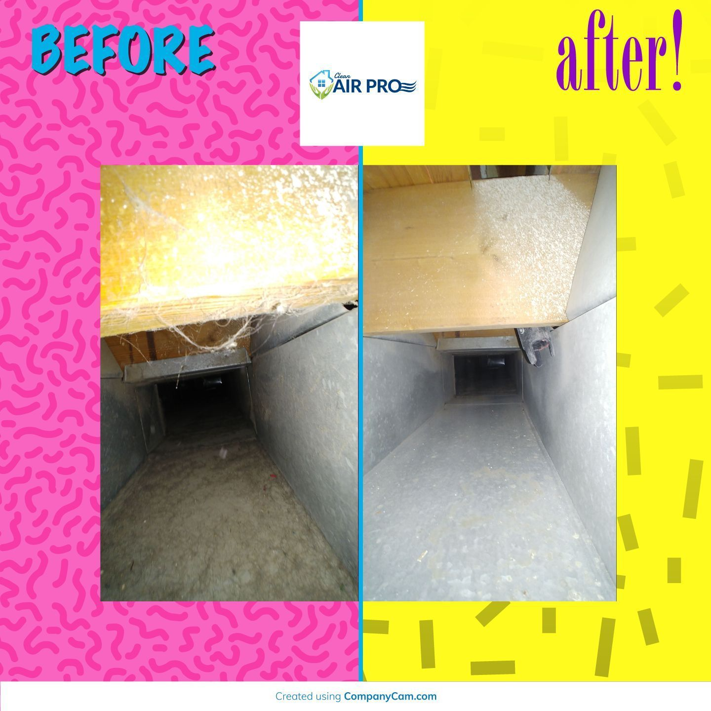 Before-and-after of air duct cleaning. Left: dirty duct. Right: clean duct. Air PRC logo in center.