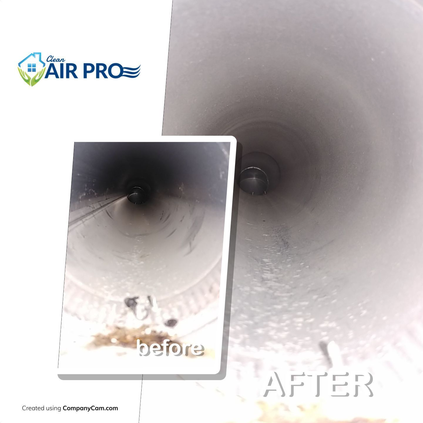 Before and after view of an air duct cleaning. The 