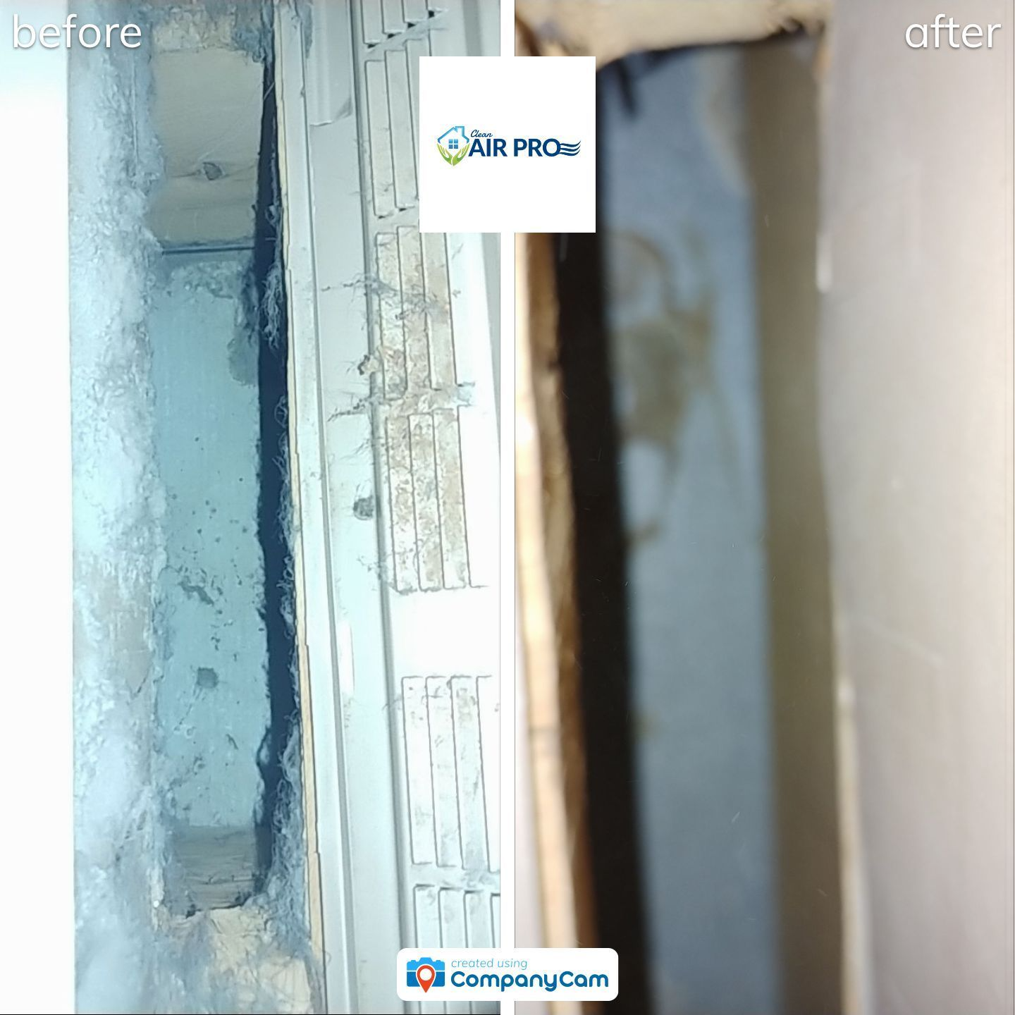 Comparison of a before and after view of a wall cavity cleaned by Air Pro. The before image shows mold. The after shows clean walls.