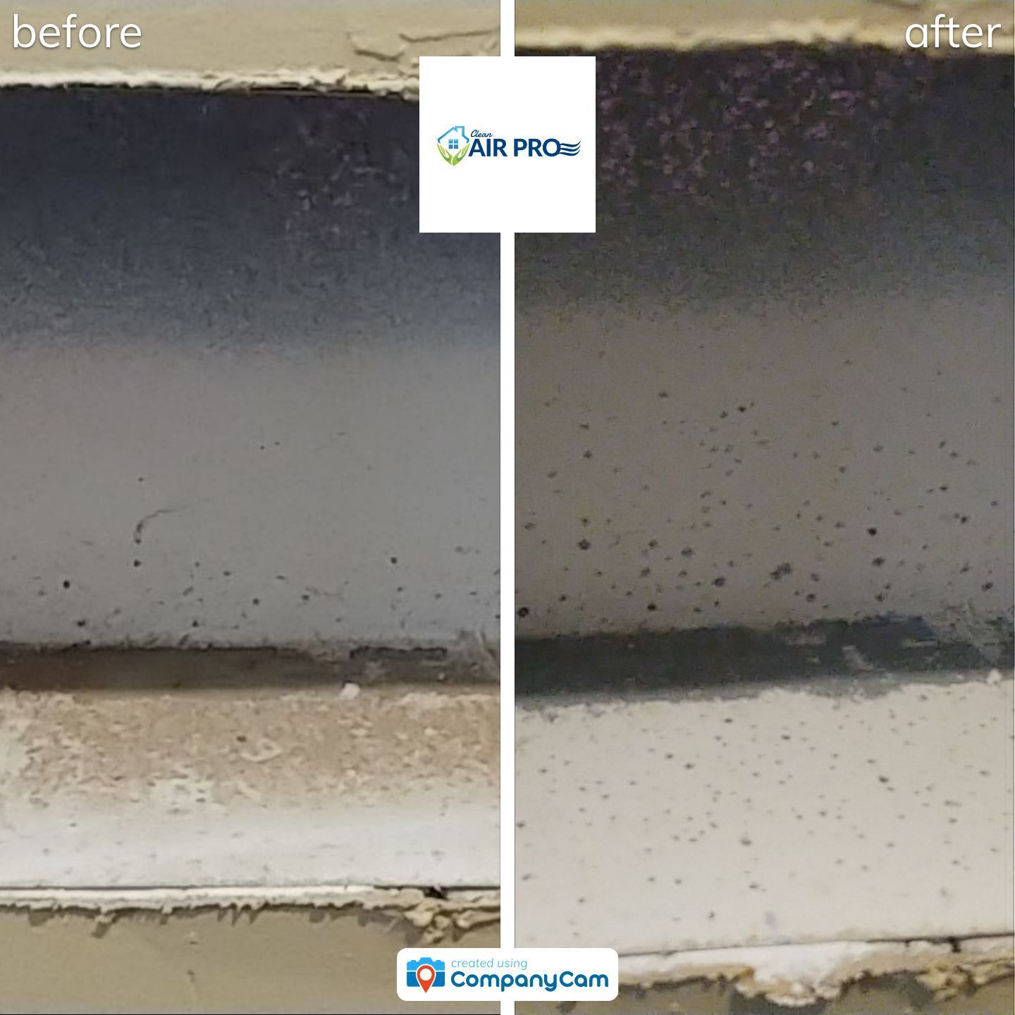 Side-by-side comparison of a vent before and after cleaning, showing a noticeable difference in cleanliness.