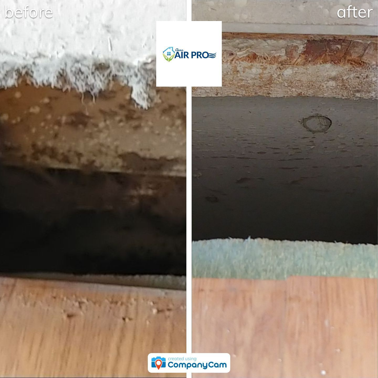 Before and after view of a ceiling area with visible mold, showing the cleaning process.