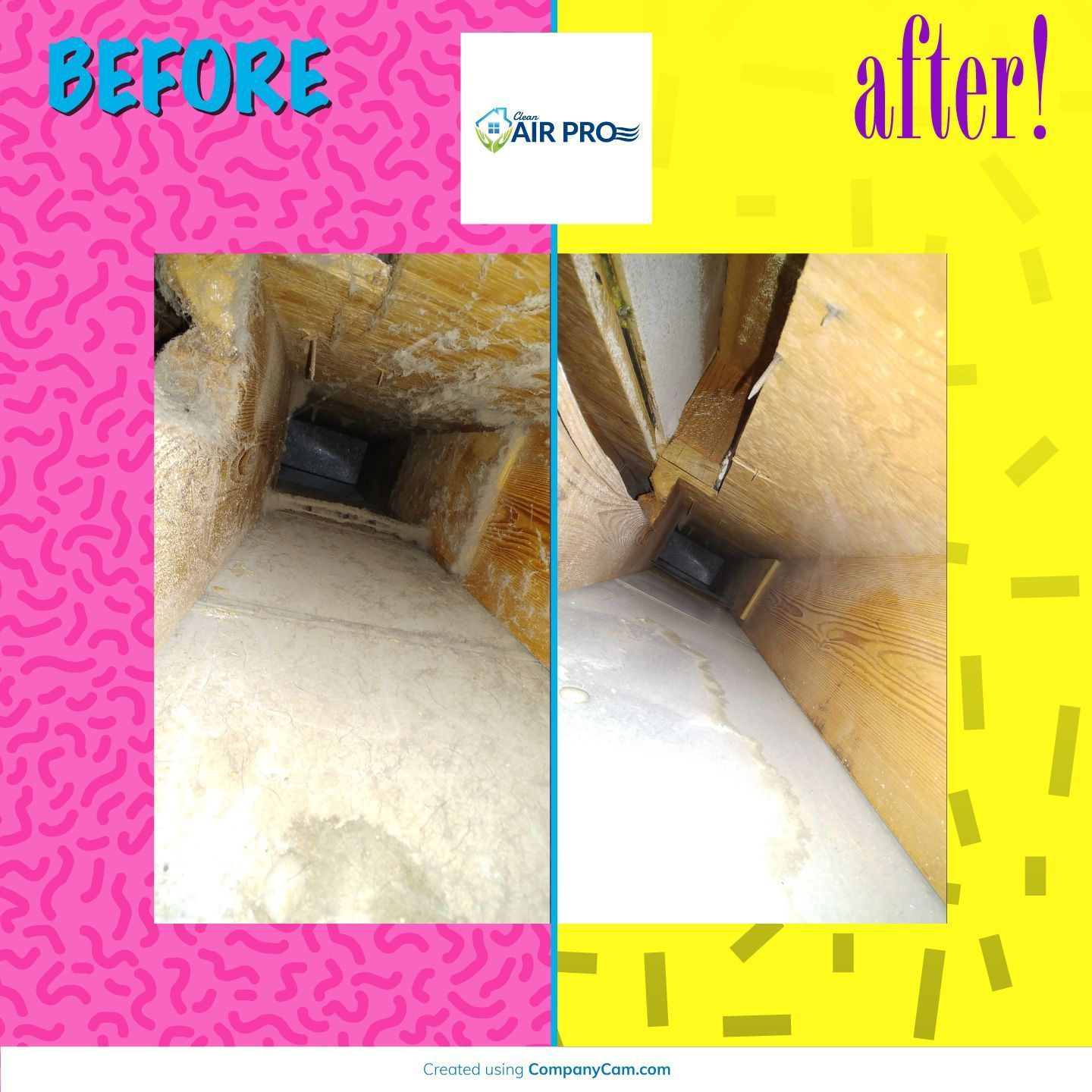 Before/after comparison of a dirty and cleaned duct interior. Pink and yellow background.