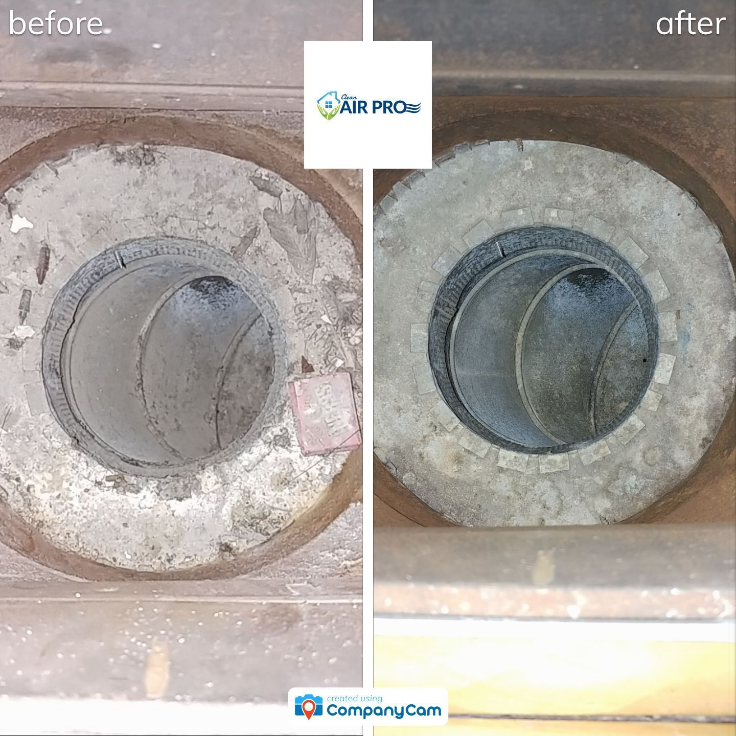 Before and after photos of a vent cleaning. The left side shows a dirty vent, and the right side is clean.