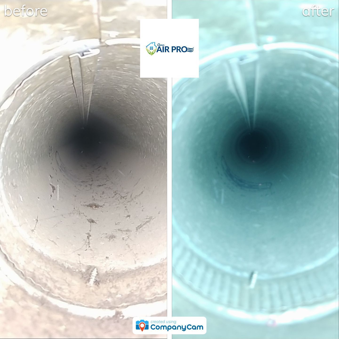 Comparison of a dirty duct (left) and a cleaned duct (right). The clean duct is brighter and smoother.