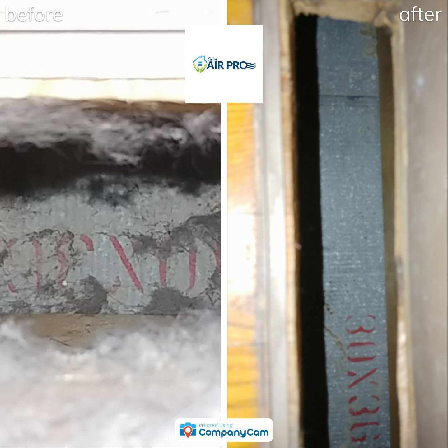 Comparison of before and after cleaning of a beam. Grey beam, red writing, surrounded by insulation.