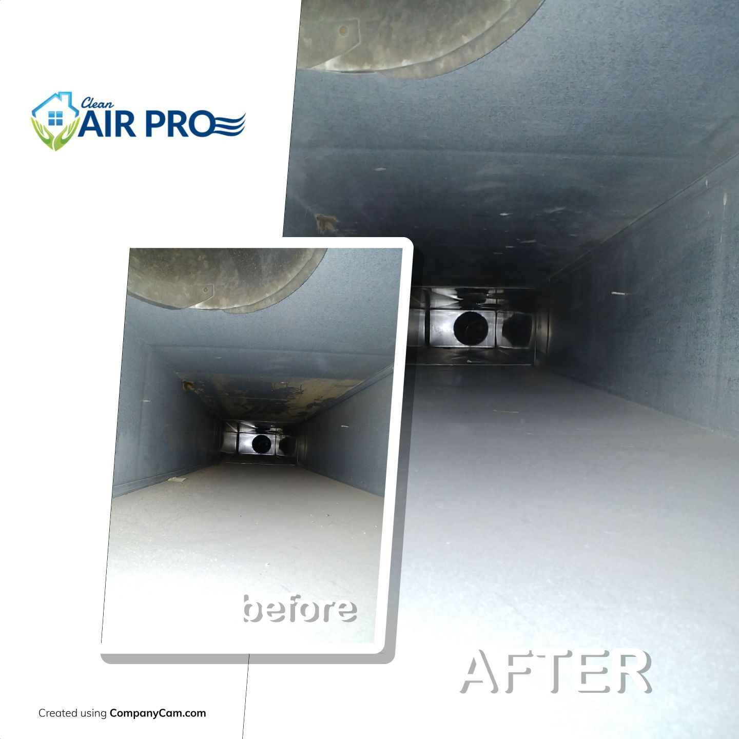 Before and after comparison of air duct cleaning: a dirty duct (before) and a clean duct (after).