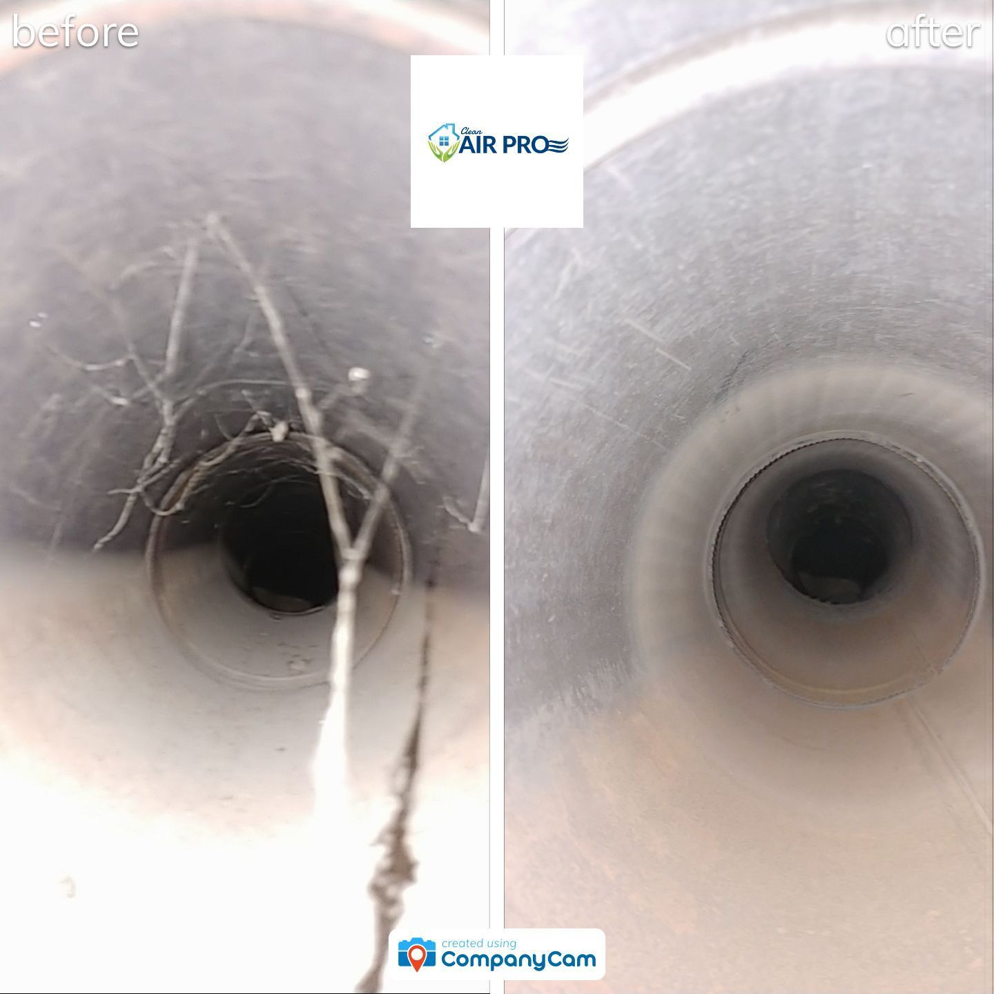 Before and after photos of duct cleaning showing removal of debris and cobwebs.