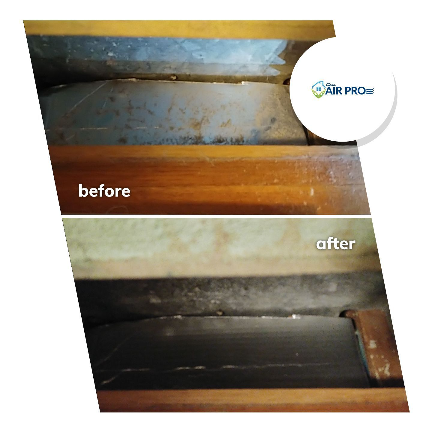 Before and after comparison of air duct cleaning. Dirty air duct is cleaned and sanitized.