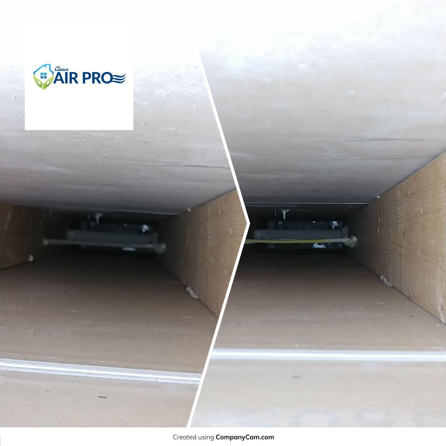 Ductwork before and after cleaning, showing interior of rectangular air duct. White logo in the upper left corner.
