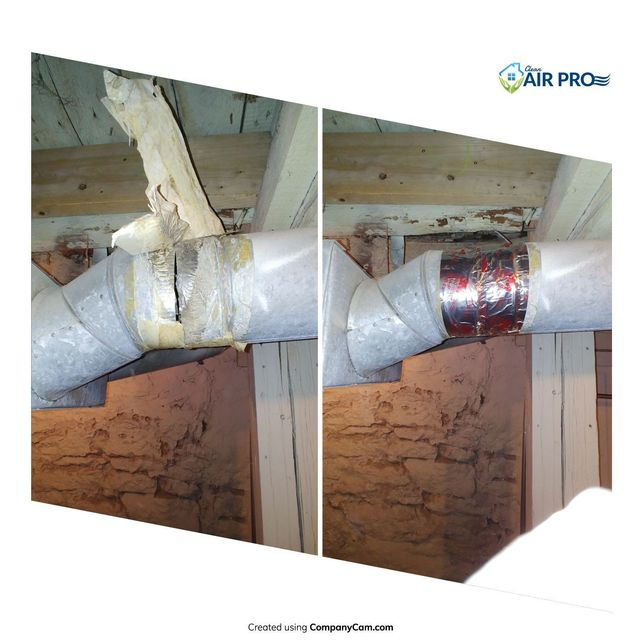 Before-and-after of a damaged HVAC duct repaired with metallic tape in a crawl space.