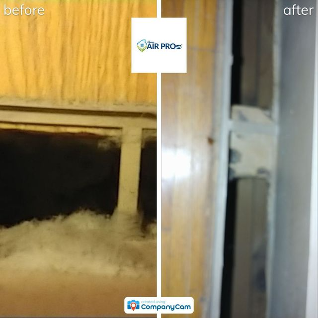 Air duct cleaning comparison: Before (dust-filled) and after (clean) sides of a duct opening, Air Pro logo.