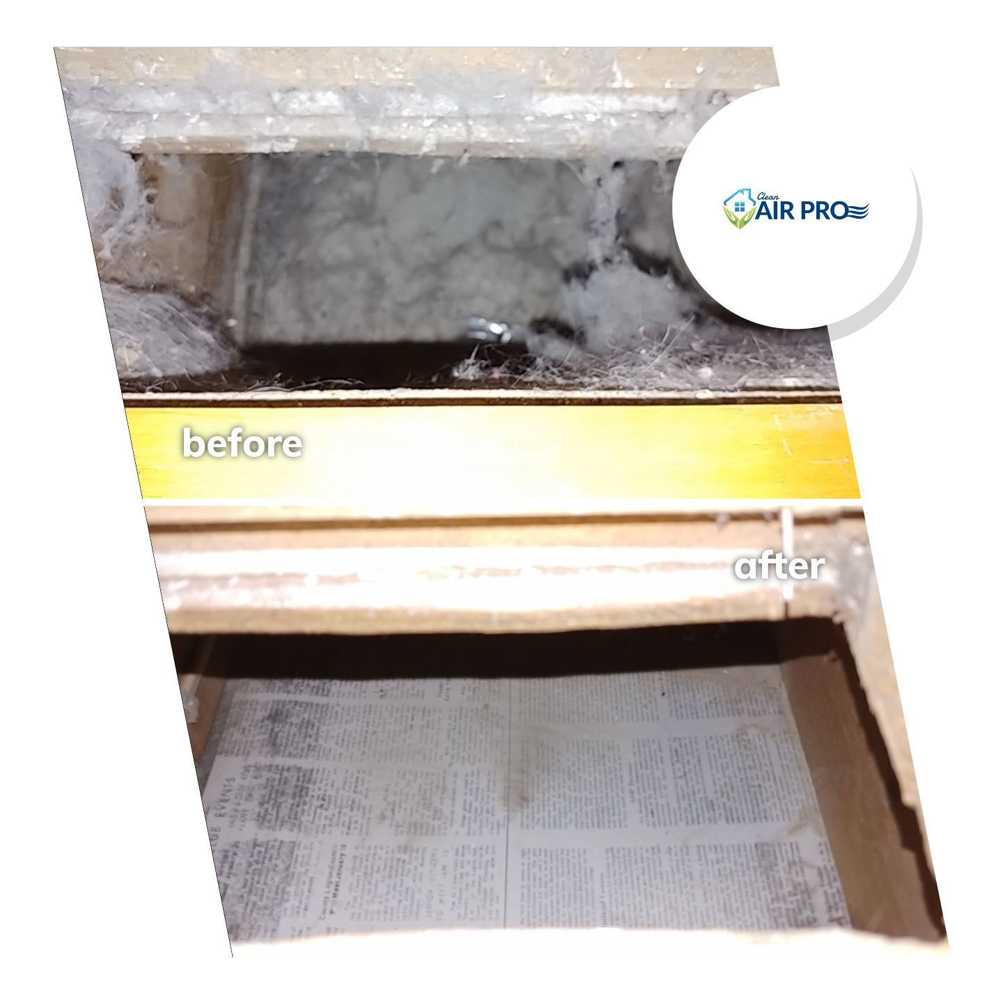 Comparison of a vent before and after cleaning, showing removal of dust and debris.