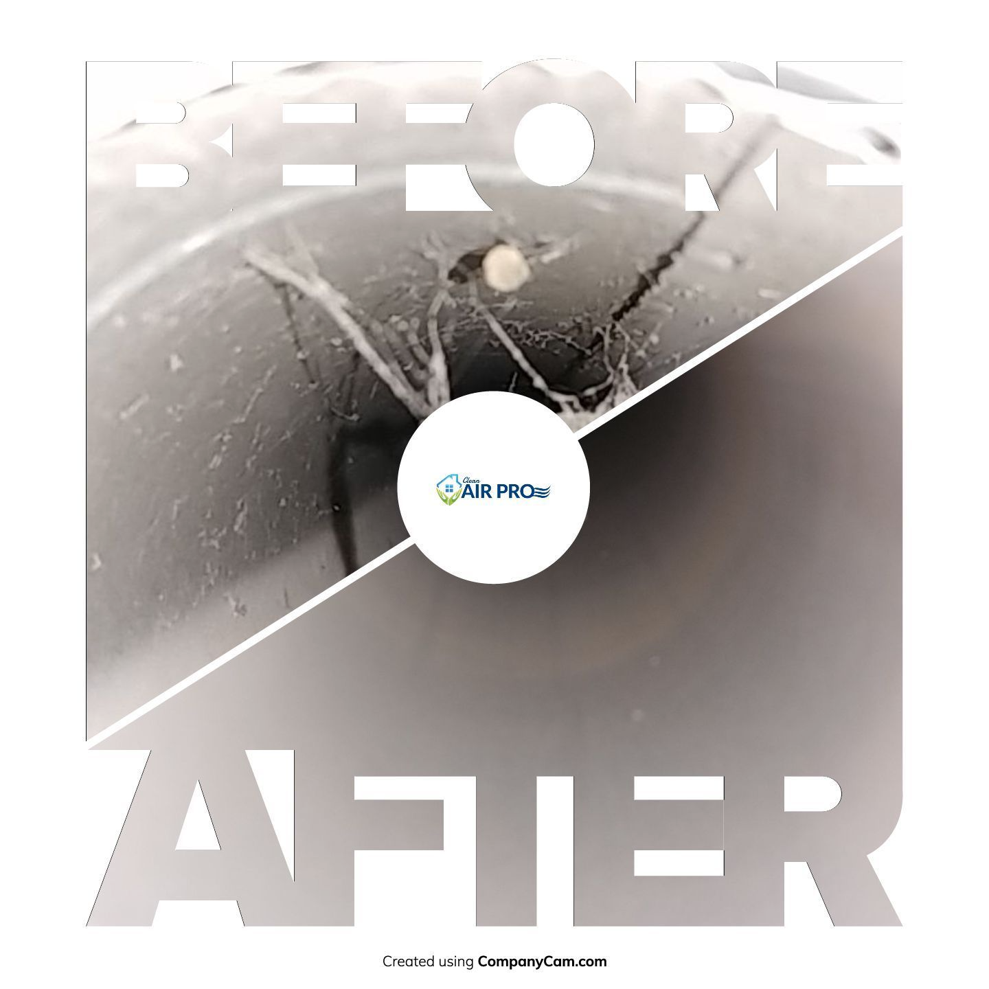 Split image shows before/after of a duct. Before side shows cobwebs. After side is clean.