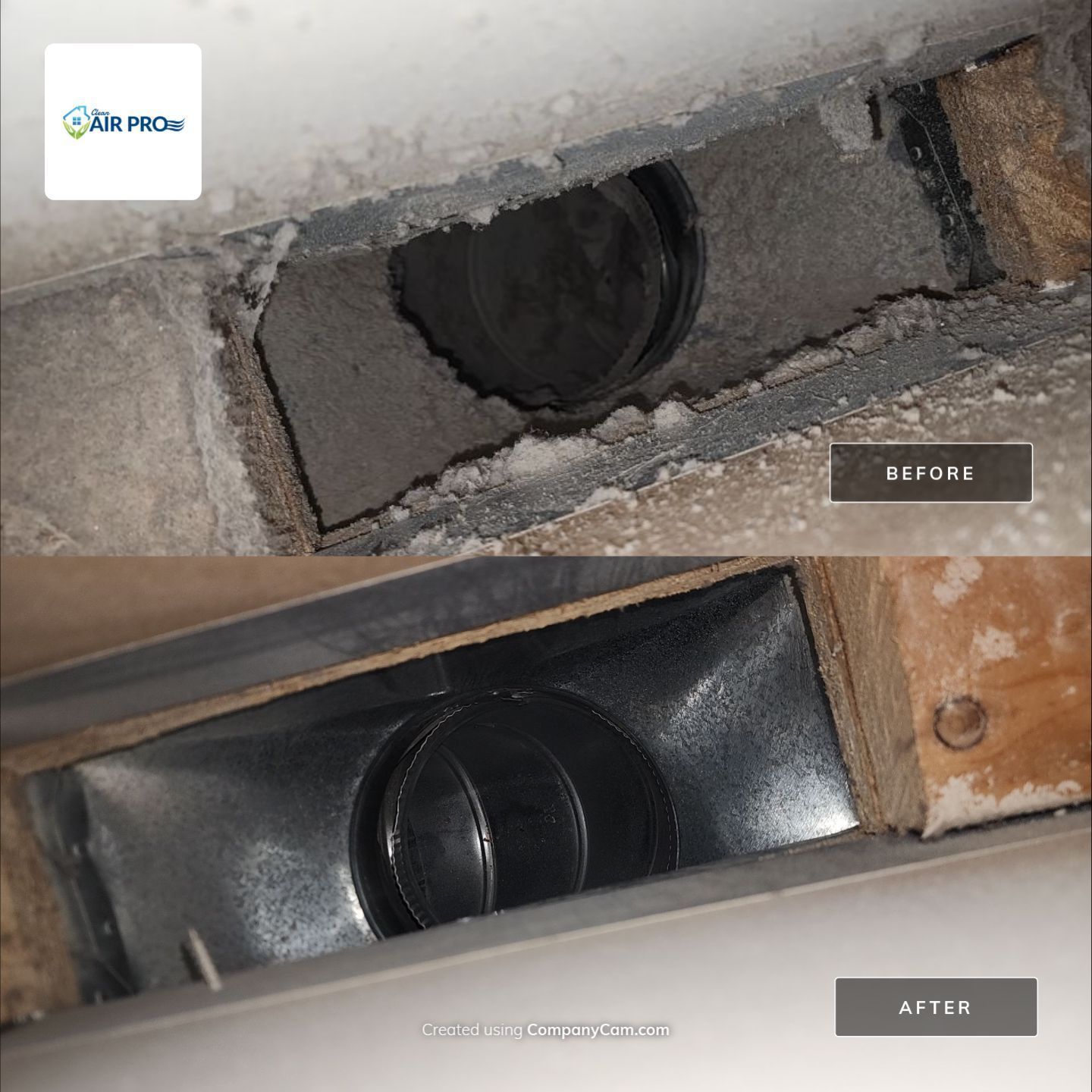 Before and after of air duct cleaning. The top half shows a dirty duct. The bottom half shows a clean duct.