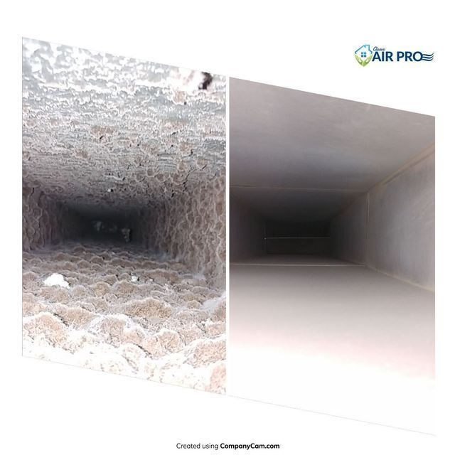 Before and after comparison of air duct cleaning: left side shows a dirty duct, right side shows a clean one.